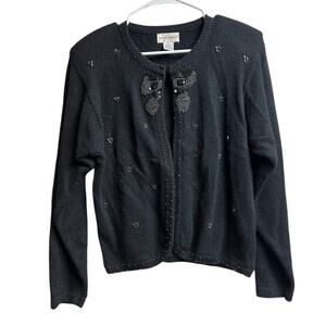 Potomac Collection Embellished Sweater Cardigan Black Bow Shoulder Pads Vintage